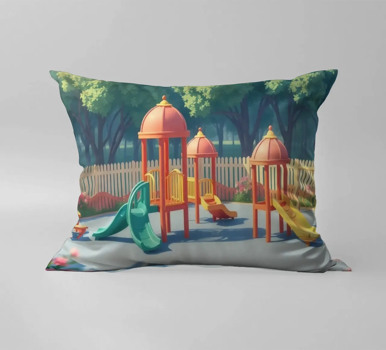 parco giochi pieno di scivoli colorati e strutture di gioco cuscino da DesignDoodle