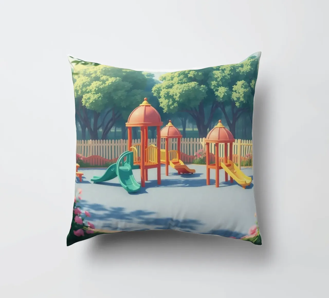 parco giochi pieno di scivoli colorati e strutture di gioco cuscino da DesignDoodle