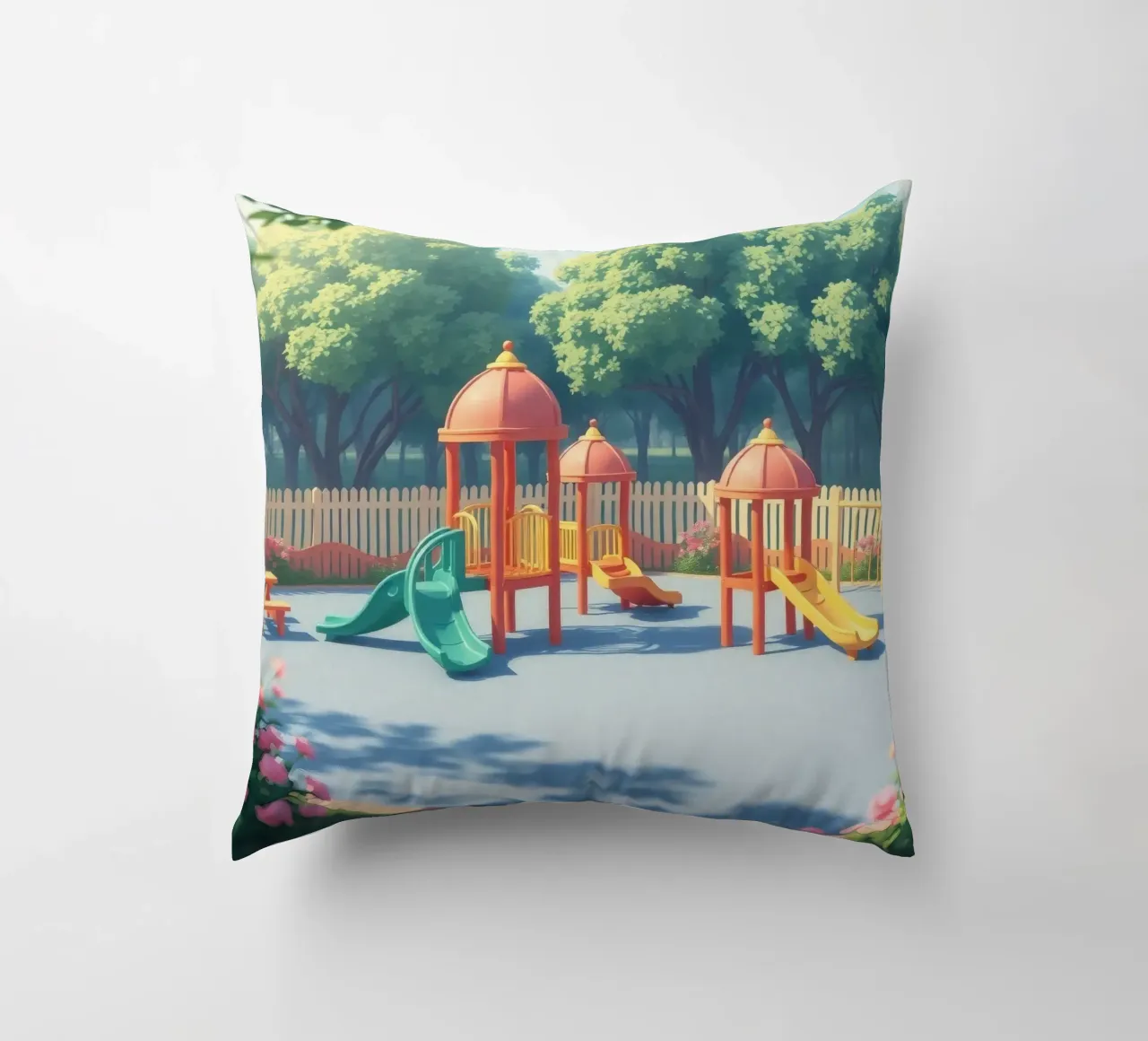 parco giochi pieno di scivoli colorati e strutture di gioco cuscino da DesignDoodle