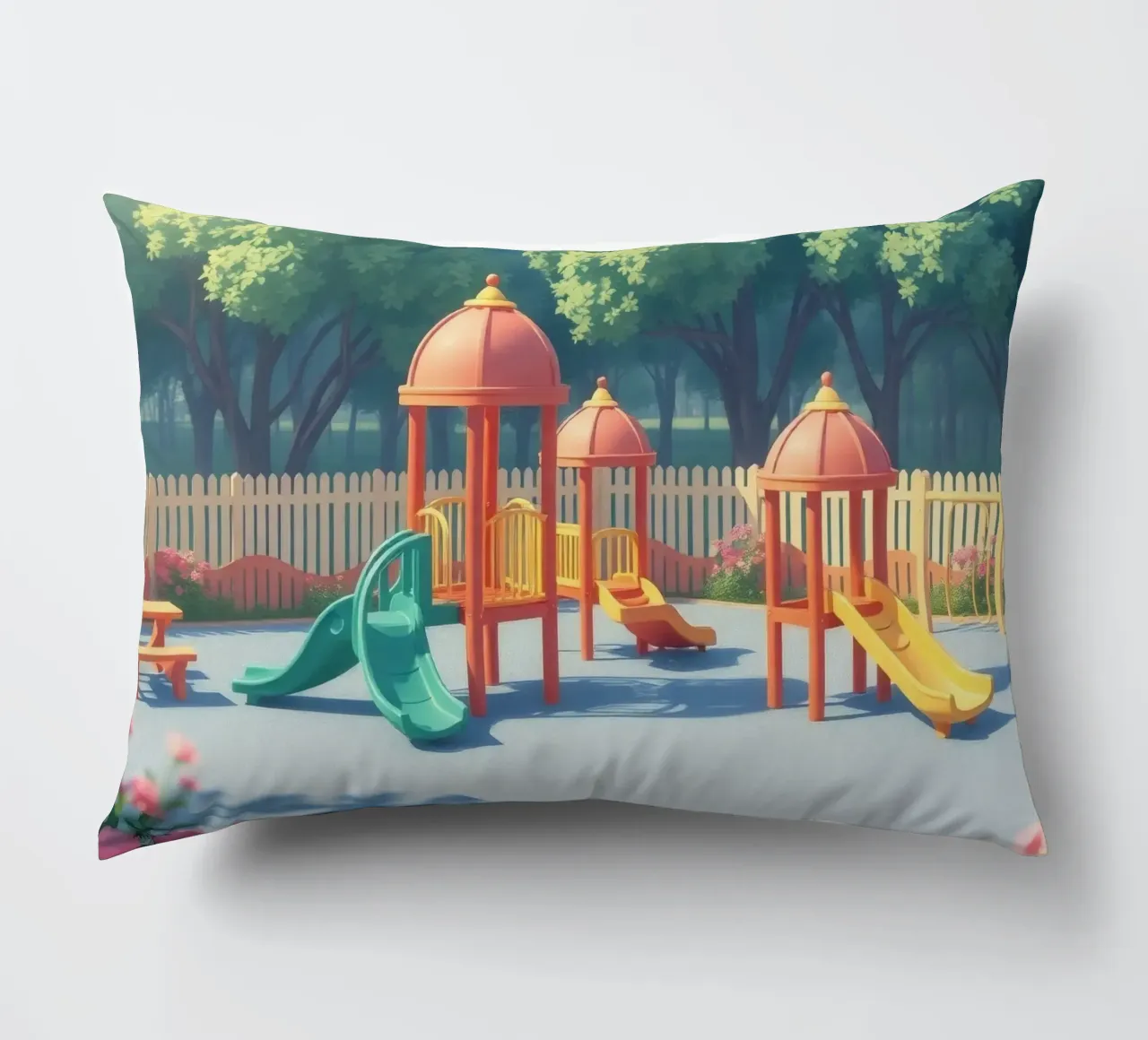 parco giochi pieno di scivoli colorati e strutture di gioco cuscino da DesignDoodle
