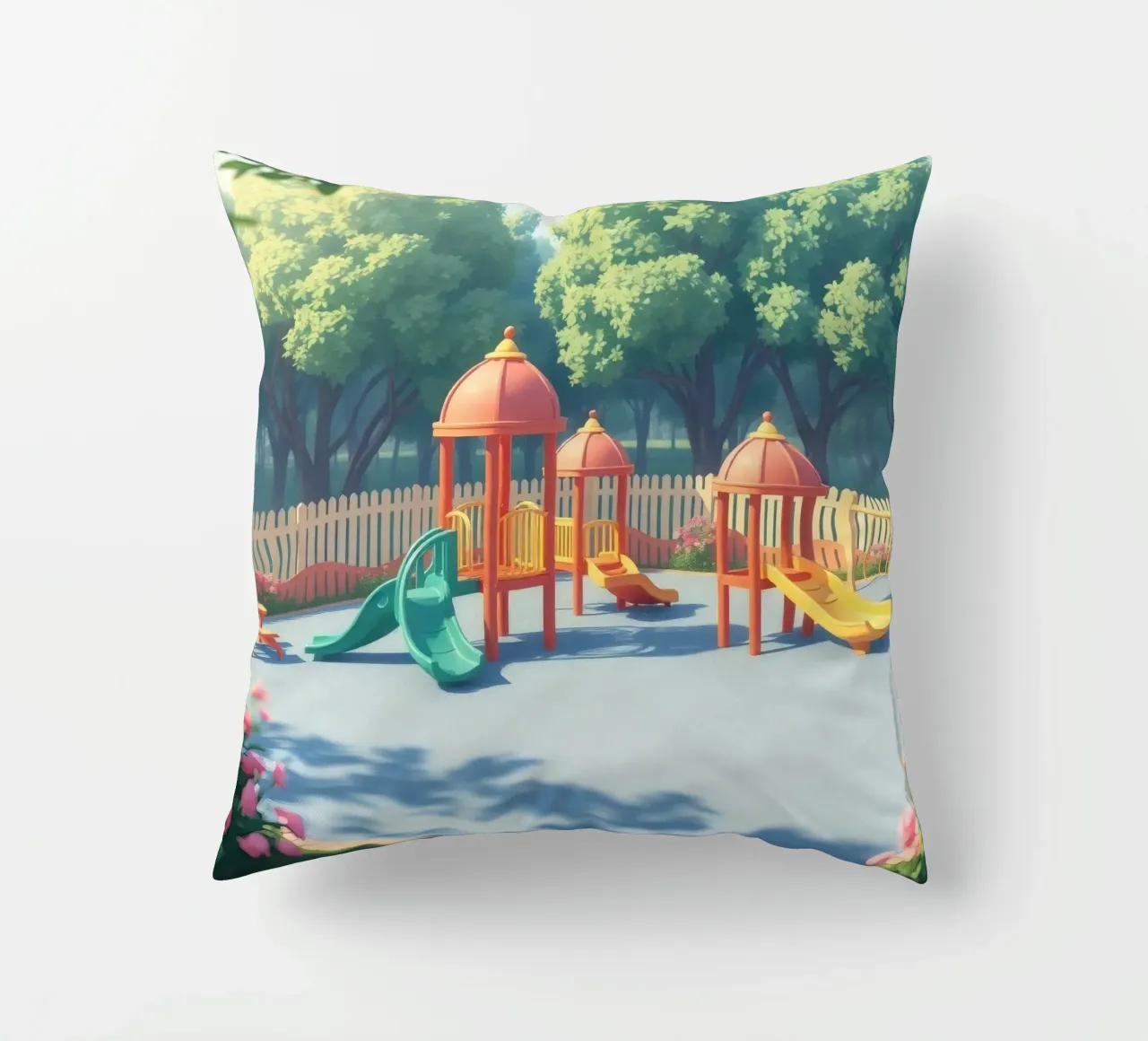 parco giochi pieno di scivoli colorati e strutture di gioco cuscino da DesignDoodle