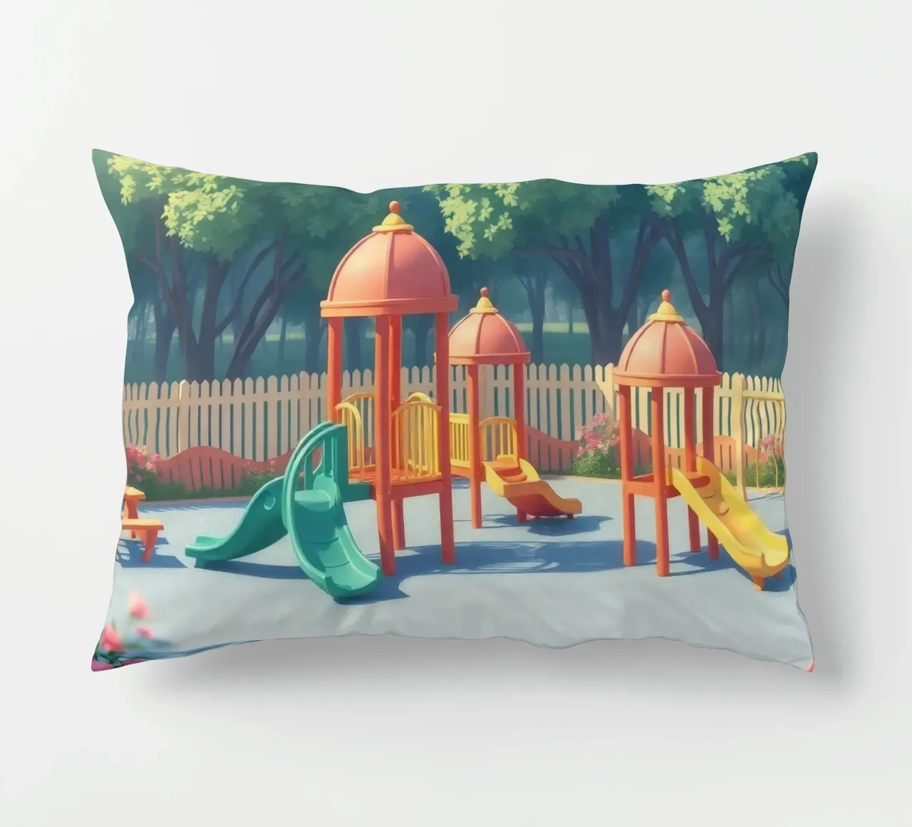 parco giochi pieno di scivoli colorati e strutture di gioco cuscino da DesignDoodle