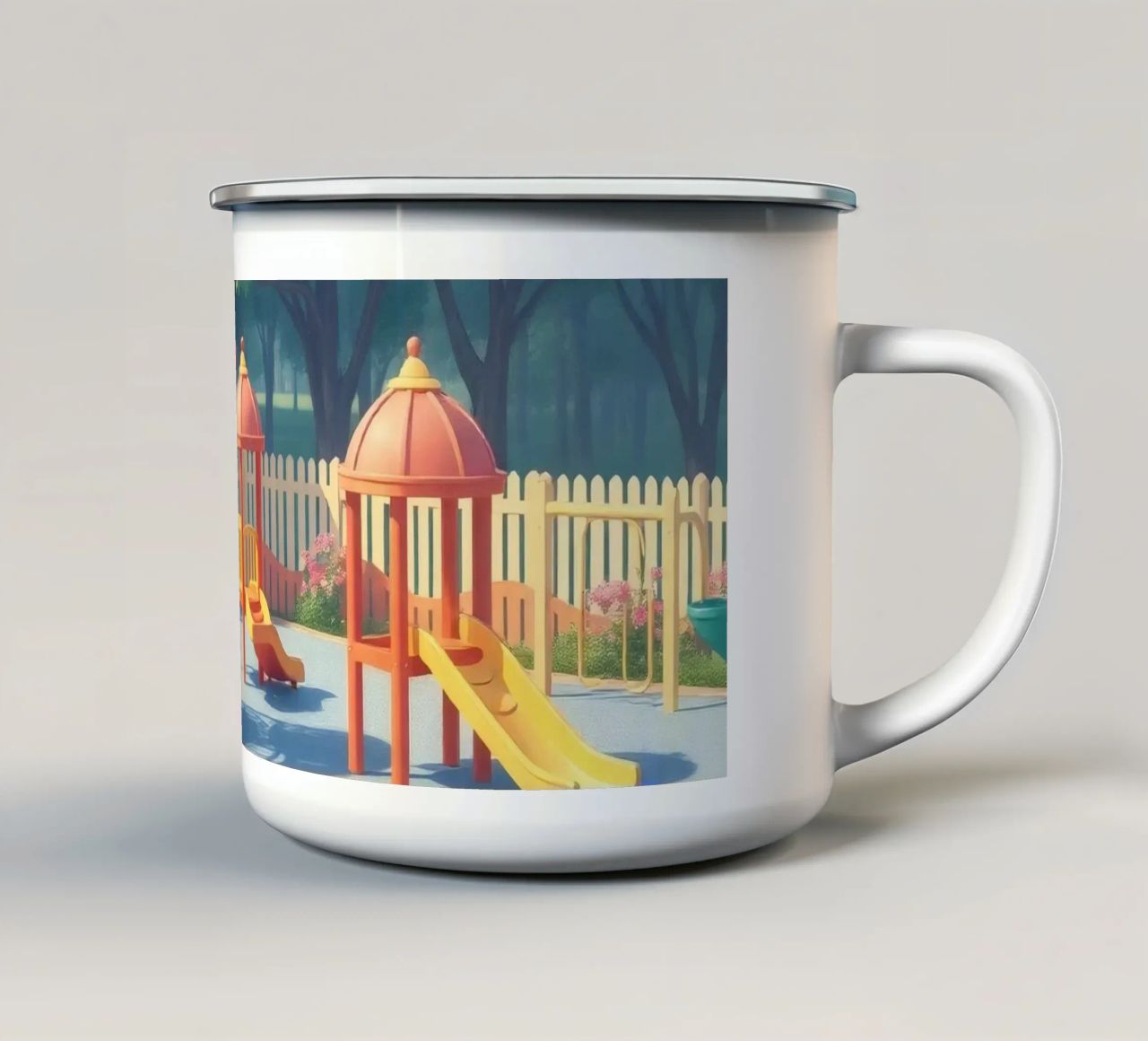parco giochi pieno di scivoli colorati e strutture di gioco tazza in smalto da DesignDoodle