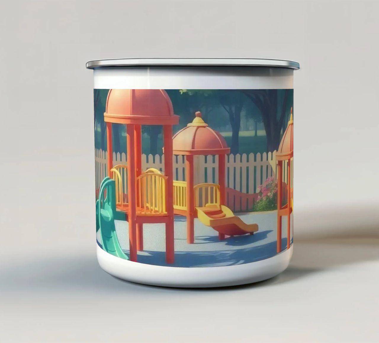 parco giochi pieno di scivoli colorati e strutture di gioco tazza in smalto da DesignDoodle