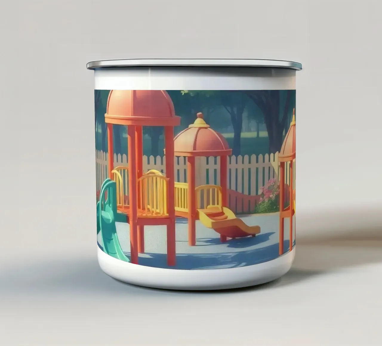 parco giochi pieno di scivoli colorati e strutture di gioco tazza in smalto da DesignDoodle