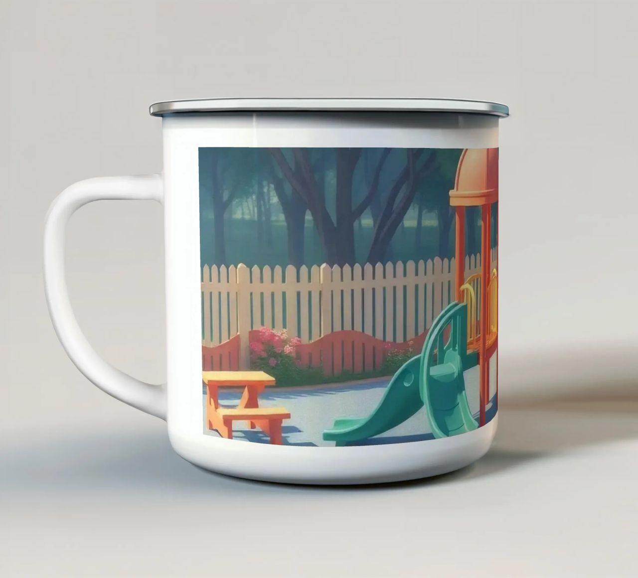 parco giochi pieno di scivoli colorati e strutture di gioco tazza in smalto da DesignDoodle