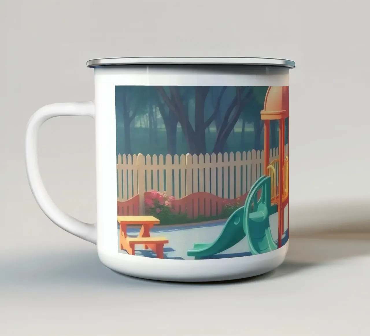 playground filled with colorful slides and play structures enamel mug by DesignDoodle