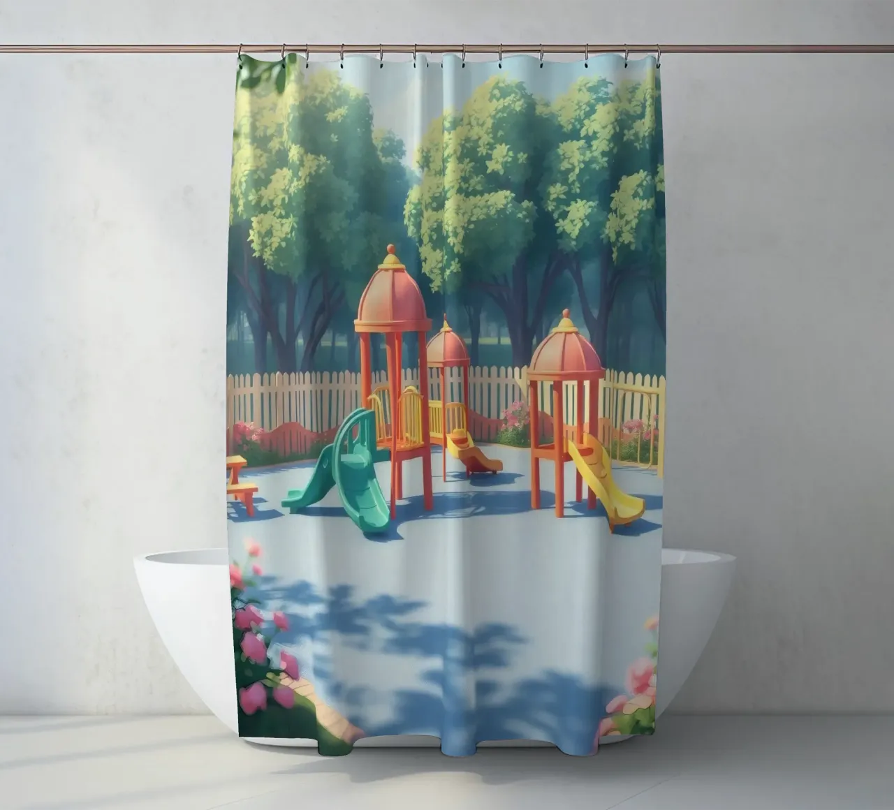 parco giochi pieno di scivoli colorati e strutture di gioco tenda da doccia da DesignDoodle
