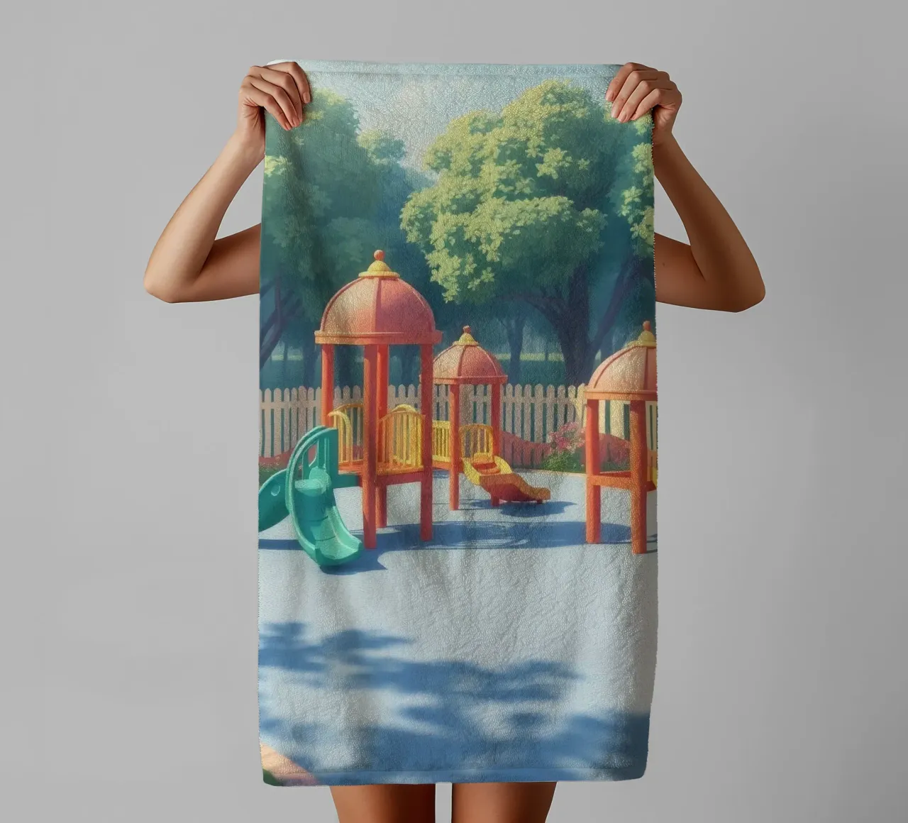 zona de juegos repleta de toboganes de colores y estructuras de juego toalla de baño de DesignDoodle