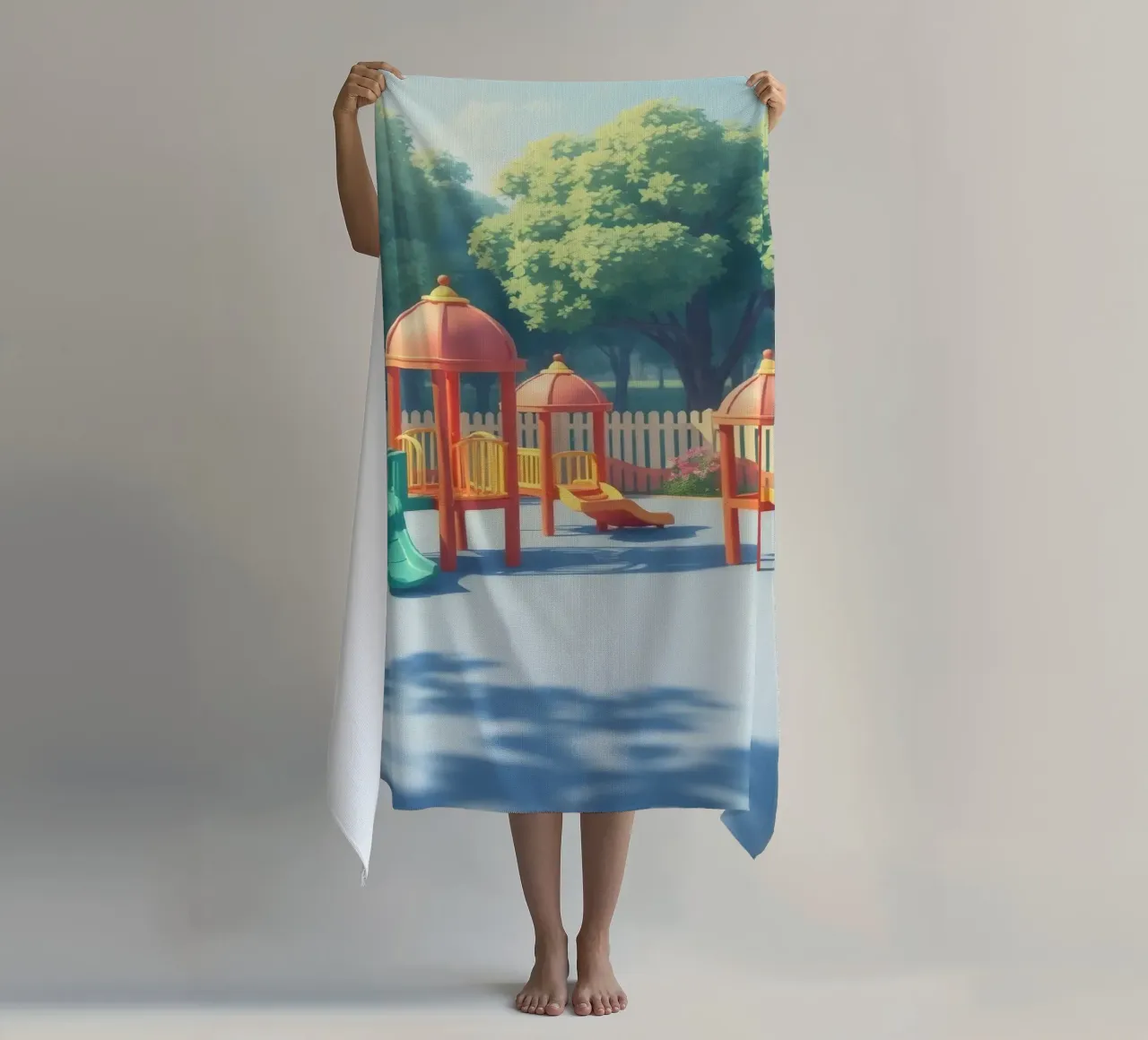 playground filled with colorful slides and play structures beach towel by DesignDoodle