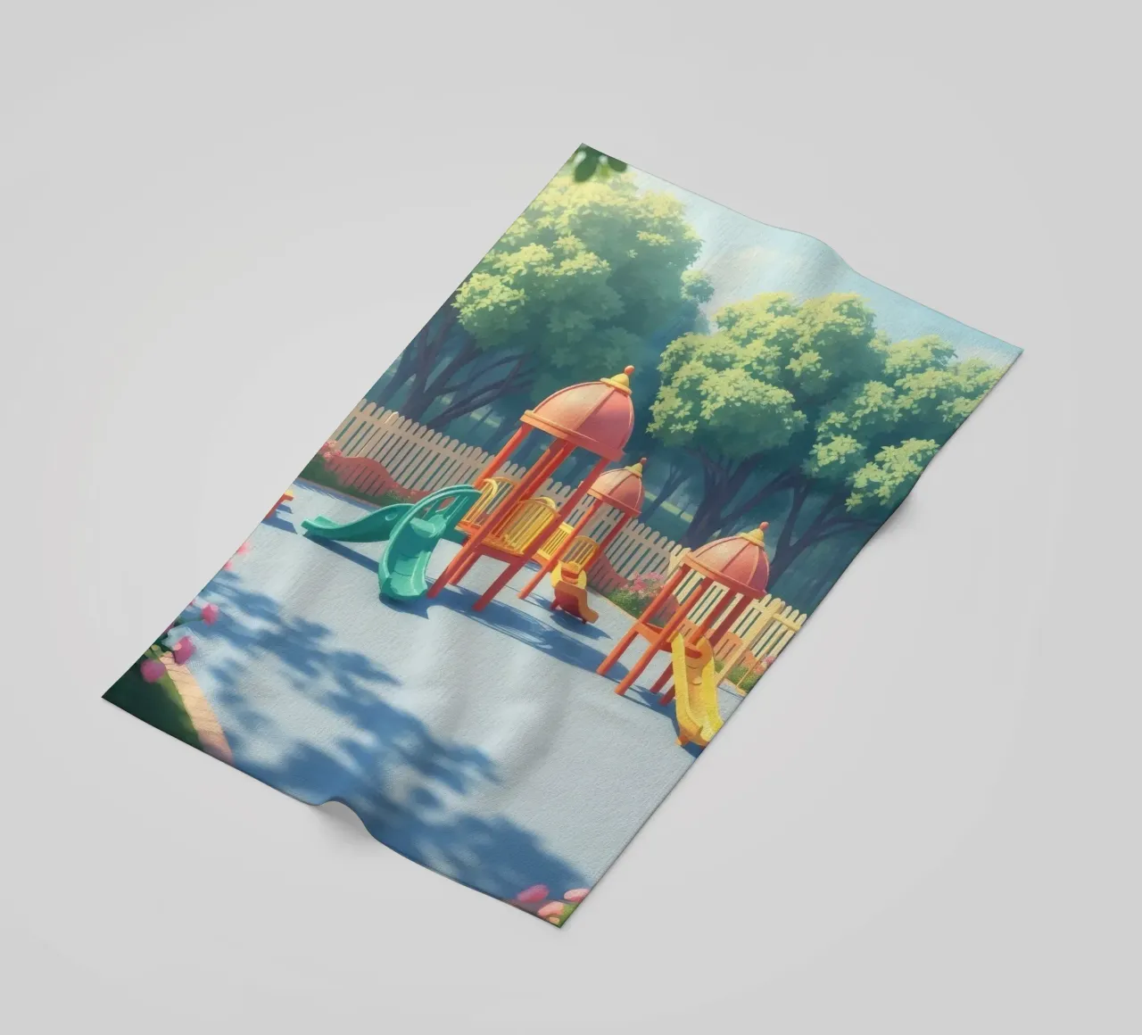 playground filled with colorful slides and play structures beach towel by DesignDoodle