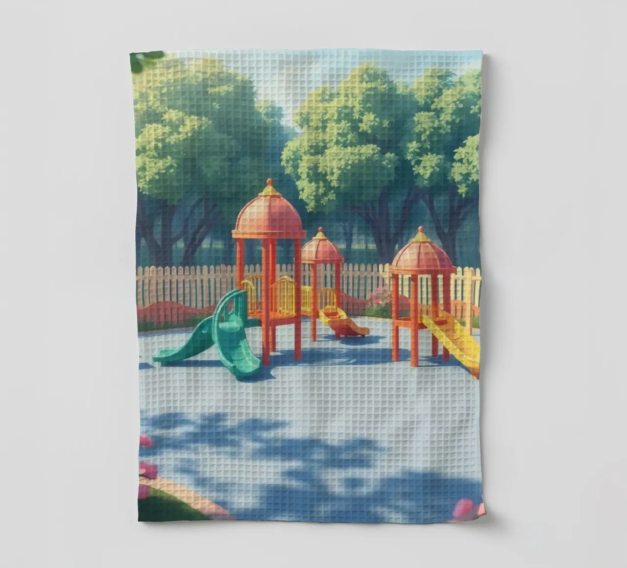 playground filled with colorful slides and play structures tea towel by DesignDoodle
