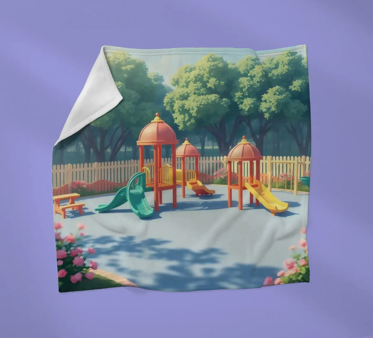 playground filled with colorful slides and play structures fleece blanket by DesignDoodle