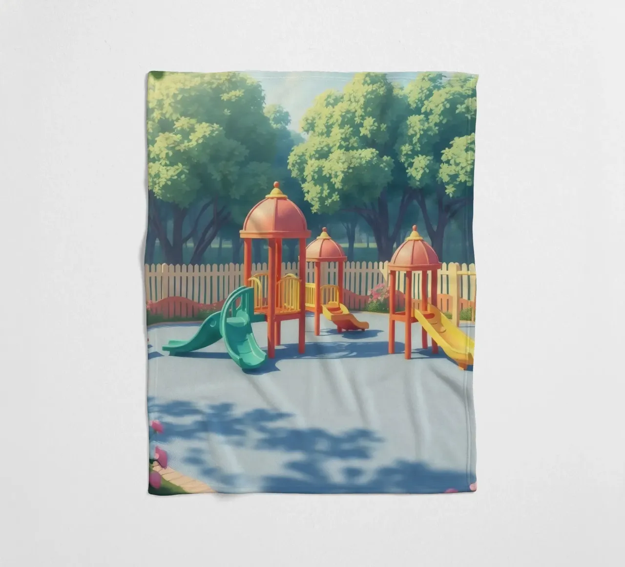 playground filled with colorful slides and play structures fleece blanket by DesignDoodle