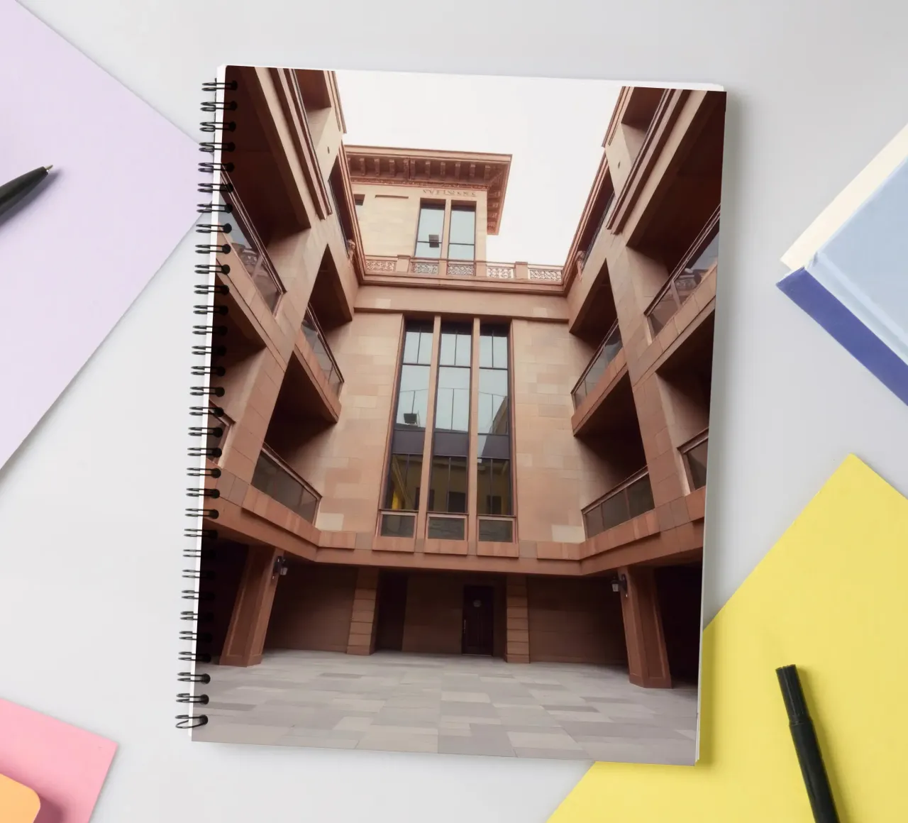 Modern architecture showcases a calm courtyard spiral notebook by DesignDoodle