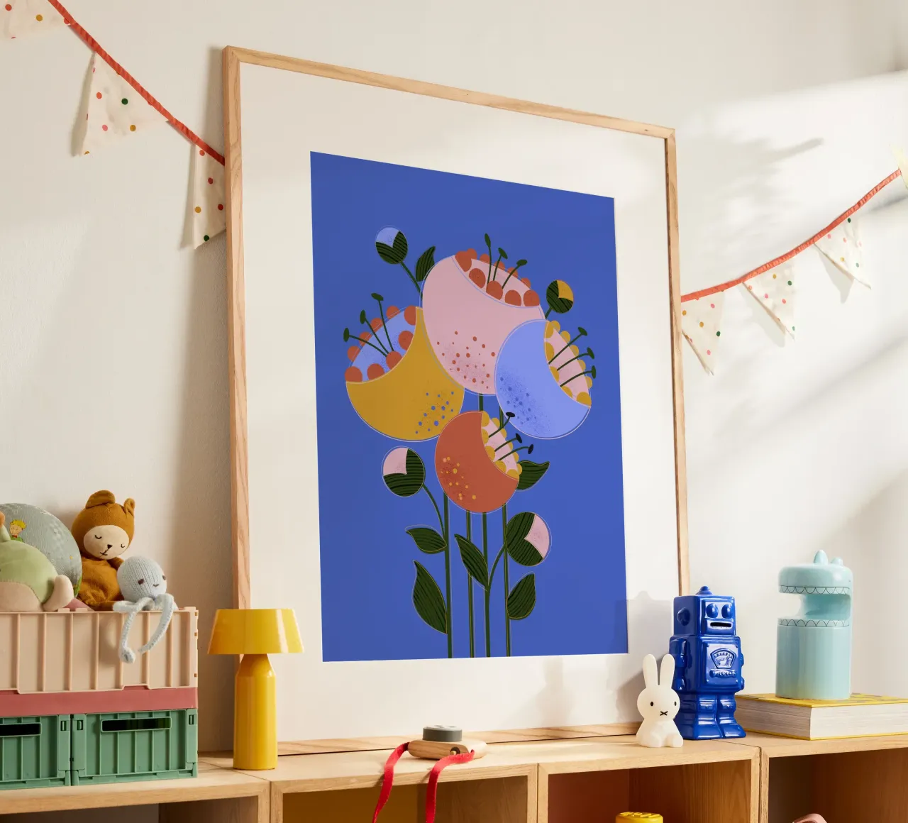 Moderne abstracte bloemenprint - Kleurrijk wanddecor poster met houten frame van showmemars