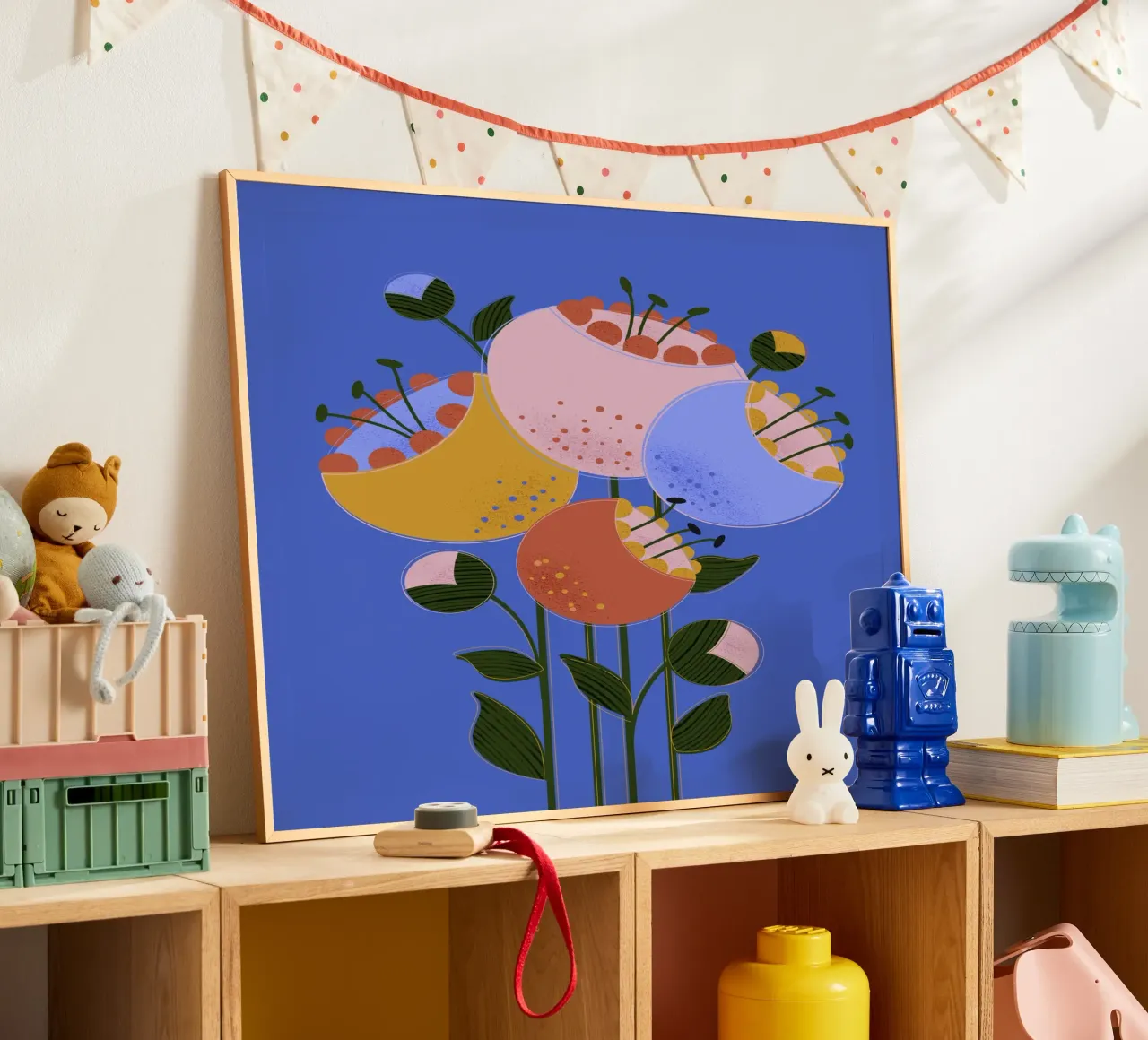 Moderne abstracte bloemenprint - Kleurrijk wanddecor poster met houten frame van showmemars