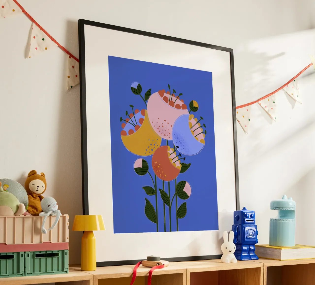 Moderne abstracte bloemenprint - Kleurrijk wanddecor poster met houten frame van showmemars