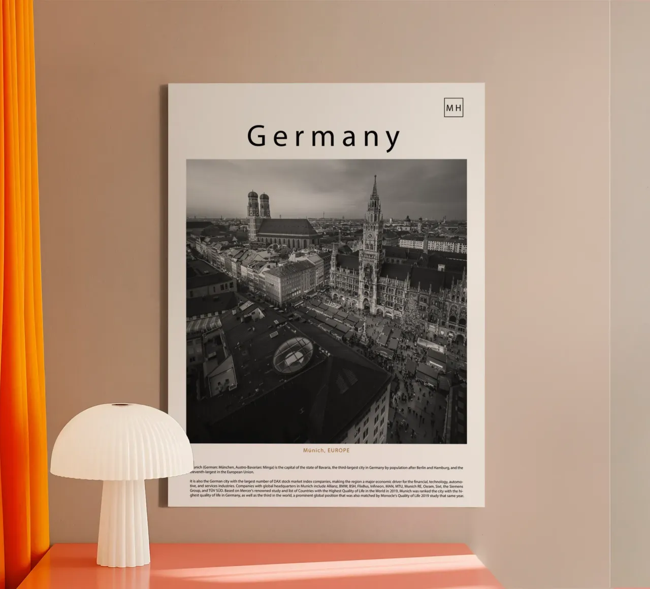 Muurkunst uit München, Duitsland canvas met Baklijst van ✈ world in frame