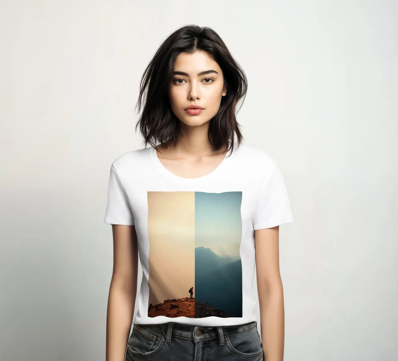 Transition between two worlds while hiking a mountain at sun women's fitted t-shirt by DesignDoodle