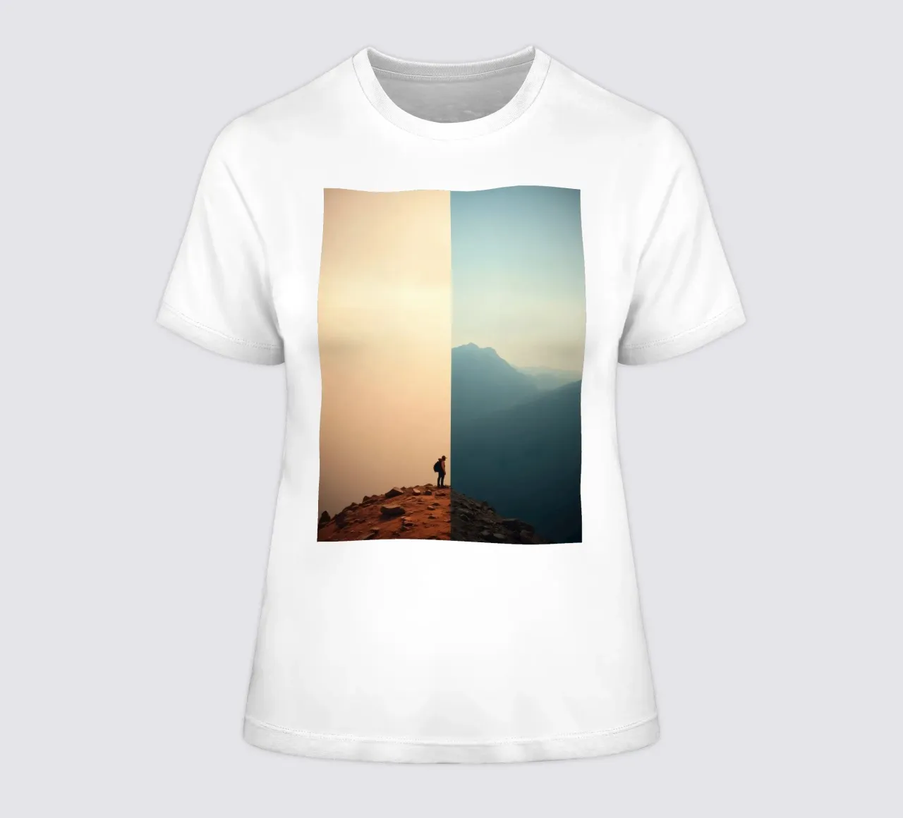Transition between two worlds while hiking a mountain at sun women's fitted t-shirt by DesignDoodle