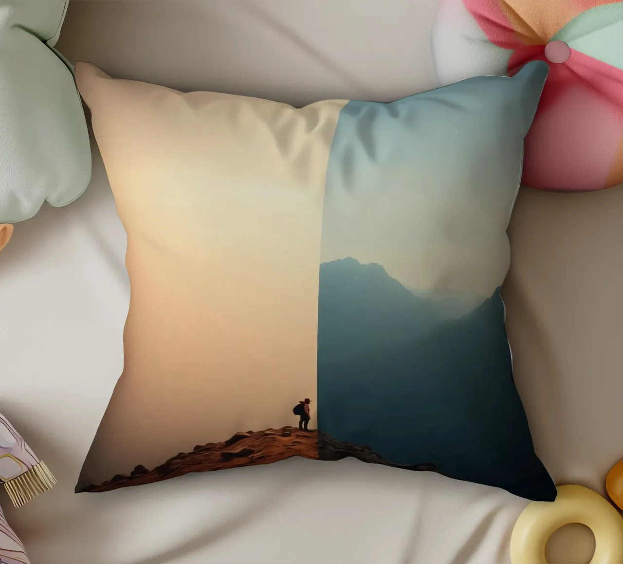 Transition between two worlds while hiking a mountain at sun decorative cushion by DesignDoodle