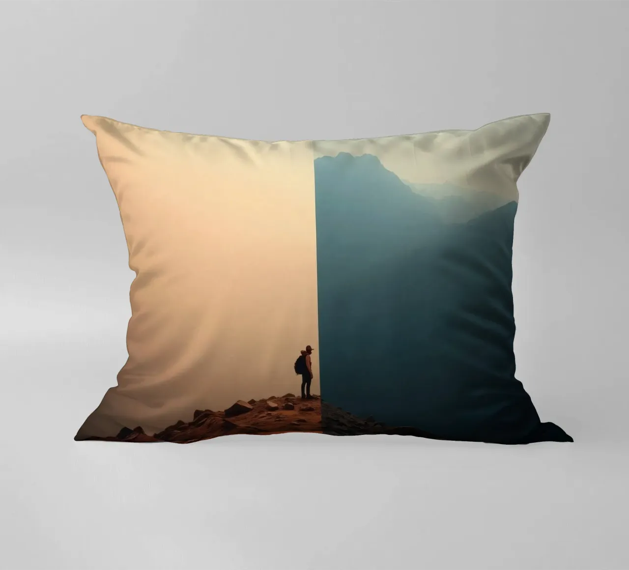 Transition between two worlds while hiking a mountain at sun decorative cushion by DesignDoodle