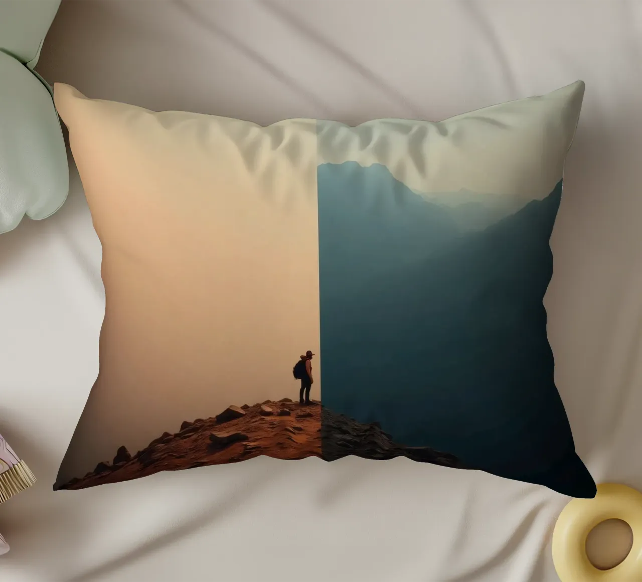 Transition between two worlds while hiking a mountain at sun decorative cushion by DesignDoodle