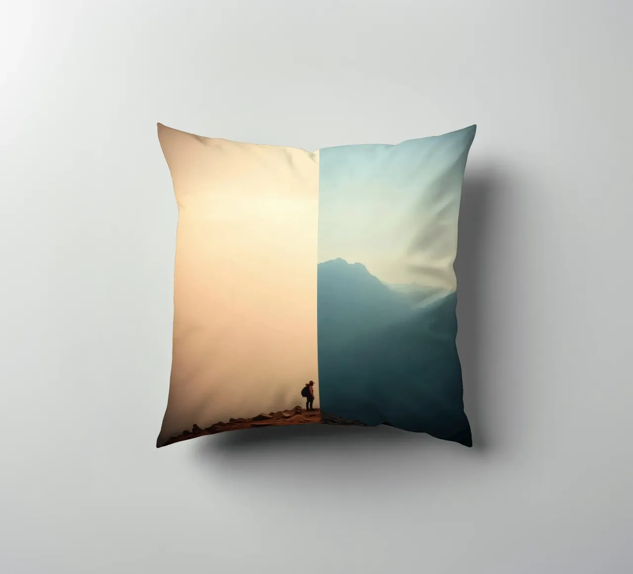 Transition between two worlds while hiking a mountain at sun decorative cushion by DesignDoodle
