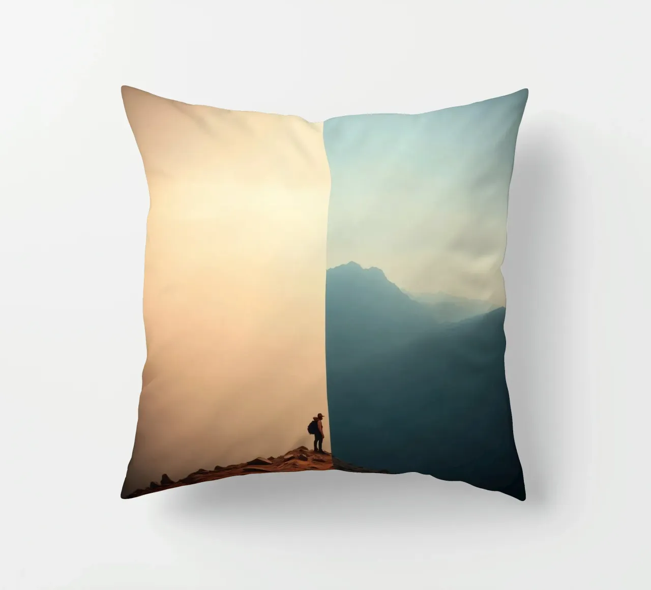 Transition between two worlds while hiking a mountain at sun decorative cushion by DesignDoodle