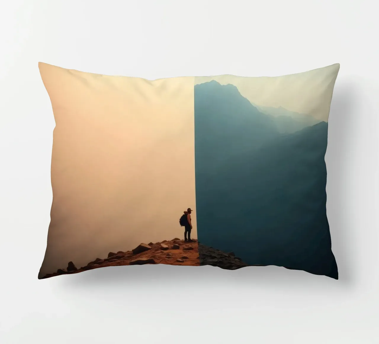 Transition between two worlds while hiking a mountain at sun decorative cushion by DesignDoodle