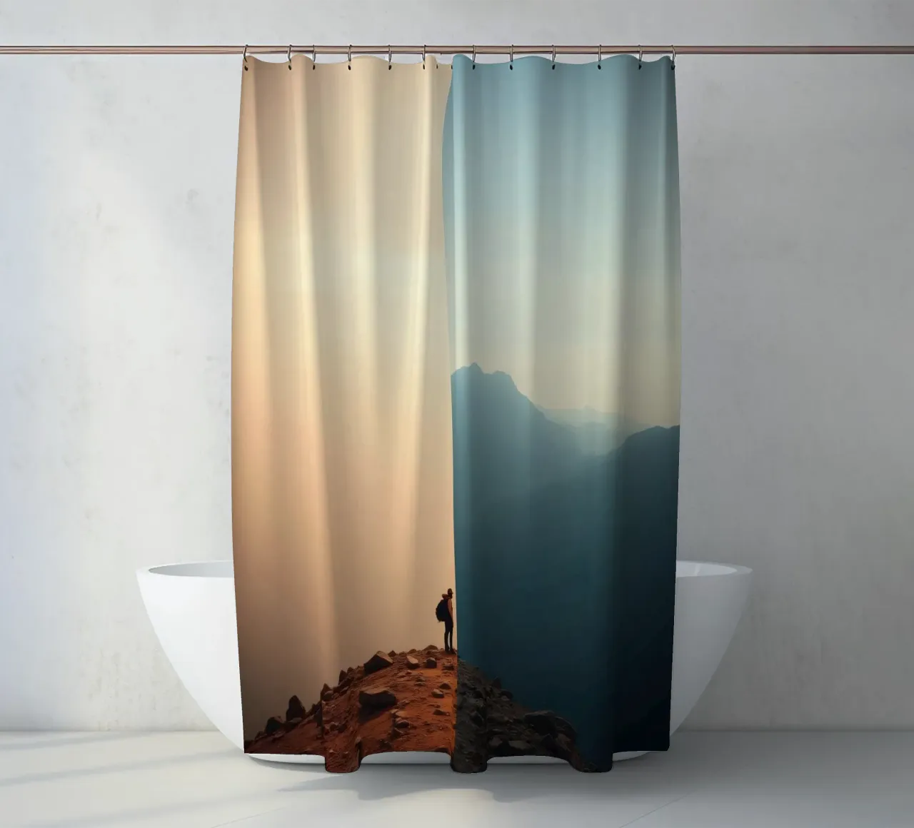 Transition between two worlds while hiking a mountain at sun shower curtain by DesignDoodle