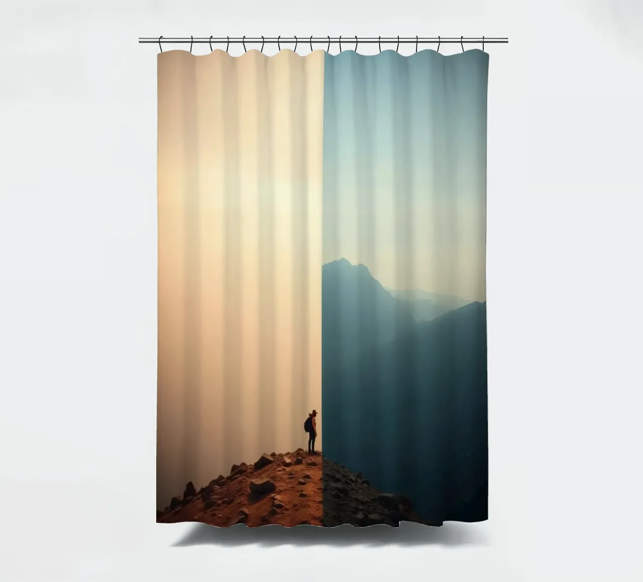 Transition between two worlds while hiking a mountain at sun shower curtain by DesignDoodle