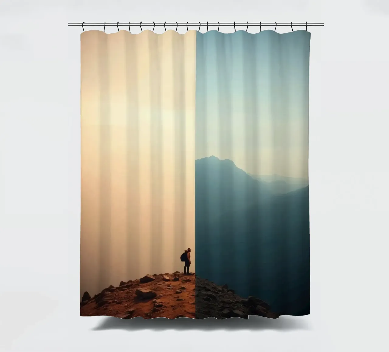 Transition between two worlds while hiking a mountain at sun shower curtain by DesignDoodle