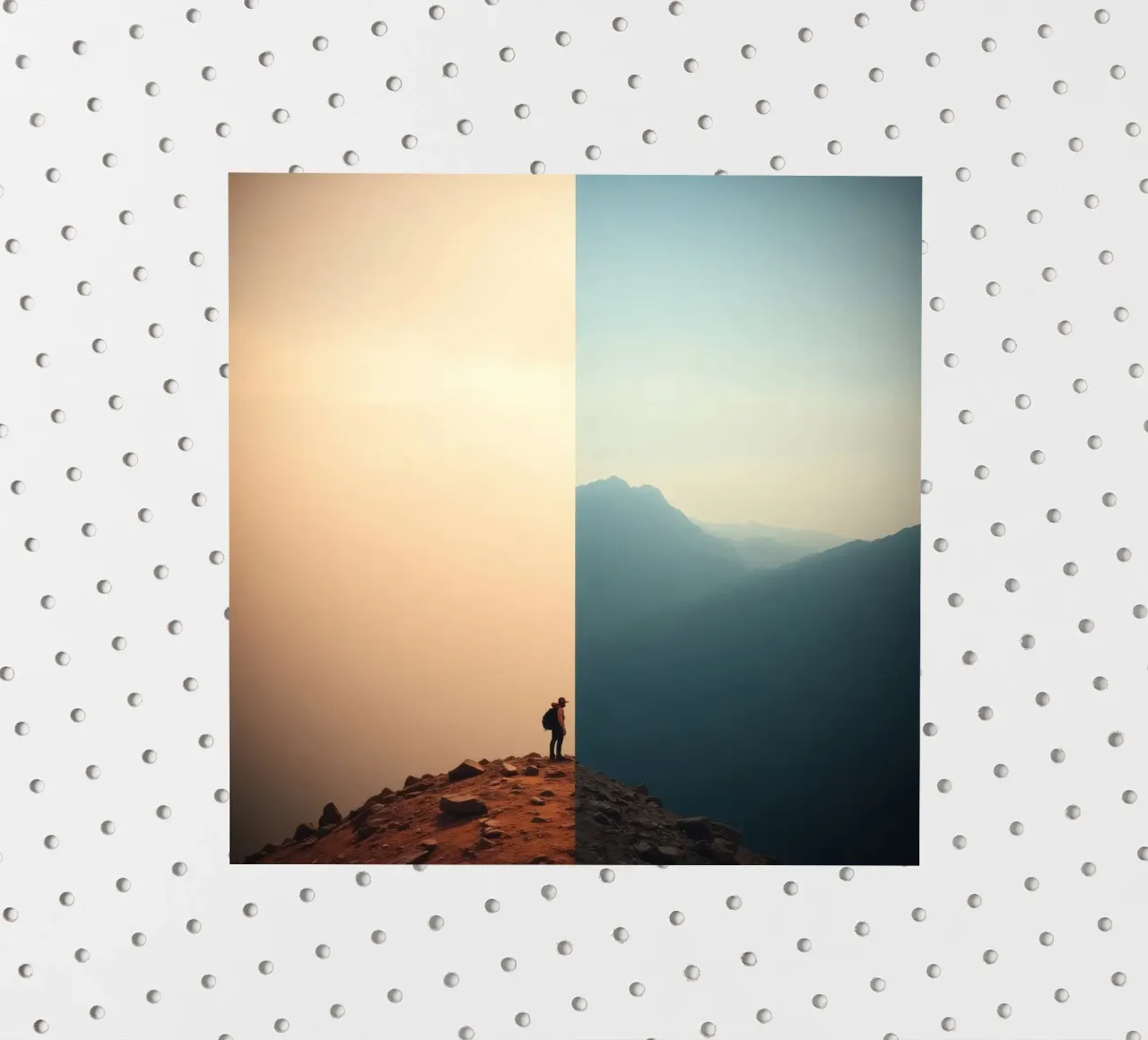 Transition between two worlds while hiking a mountain at sun sticker by DesignDoodle