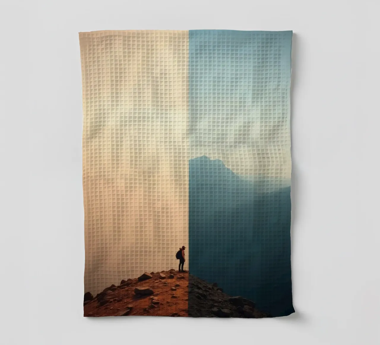 Transition between two worlds while hiking a mountain at sun tea towel by DesignDoodle
