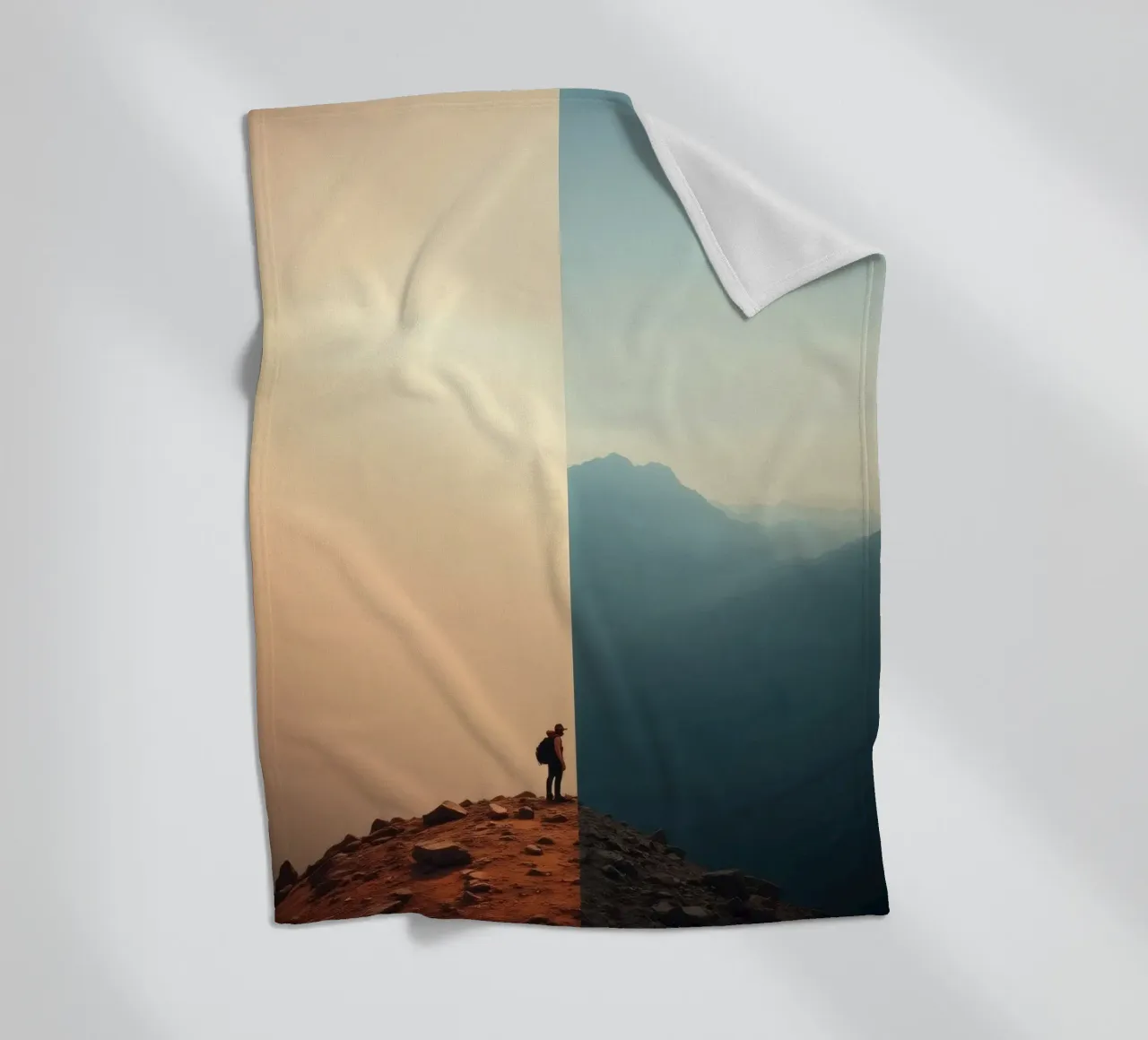 Transition between two worlds while hiking a mountain at sun fleece blanket by DesignDoodle