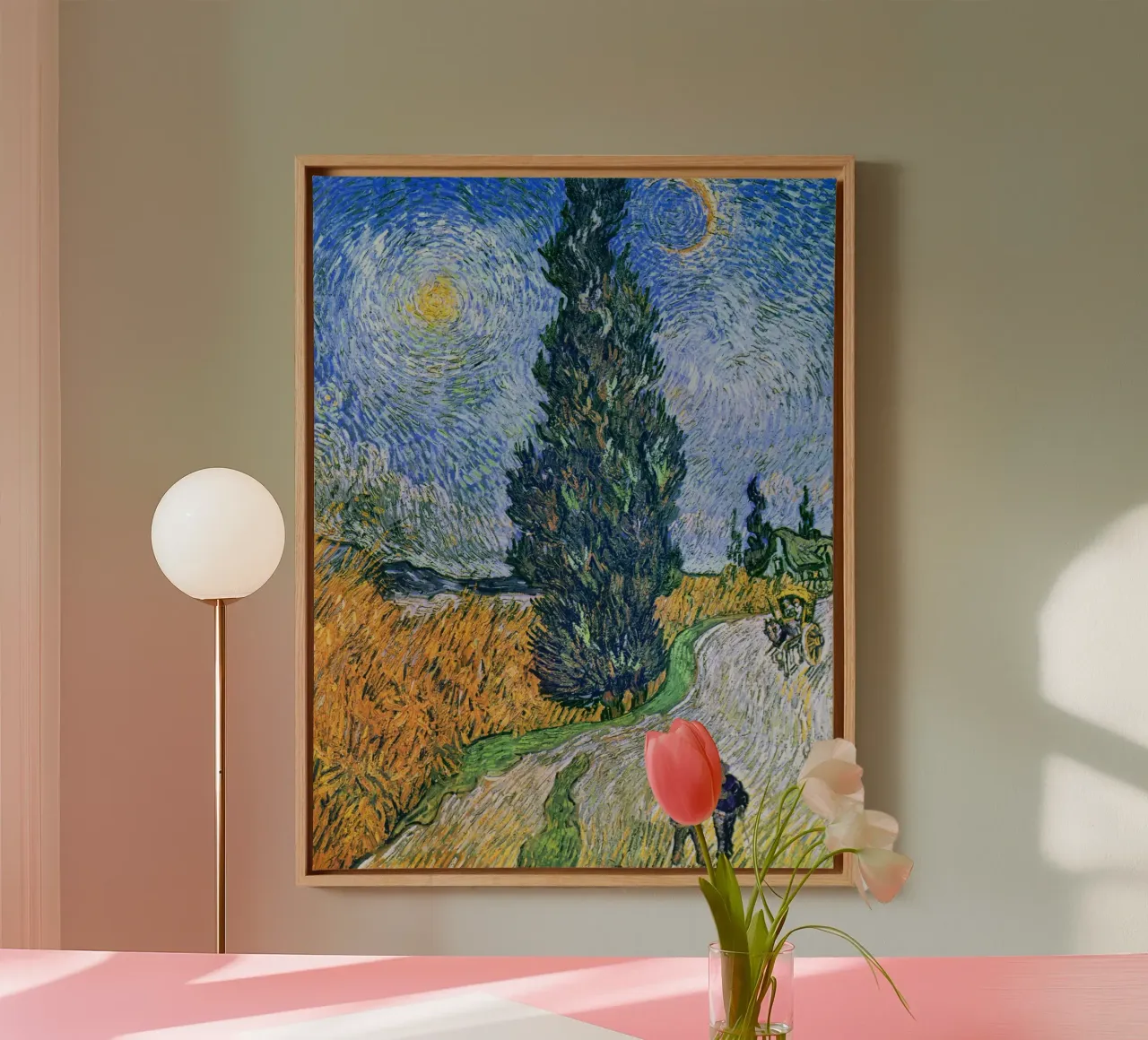 Vincent van Gogh - Strada con cipresso e stella (1890) tela con Cornice a cassetta da Venus Art