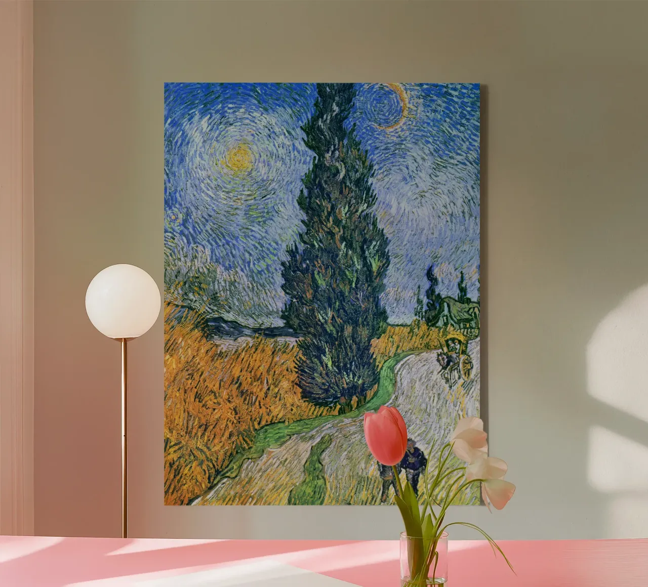 Vincent van Gogh - Strada con cipresso e stella (1890) tela con Cornice a cassetta da Venus Art