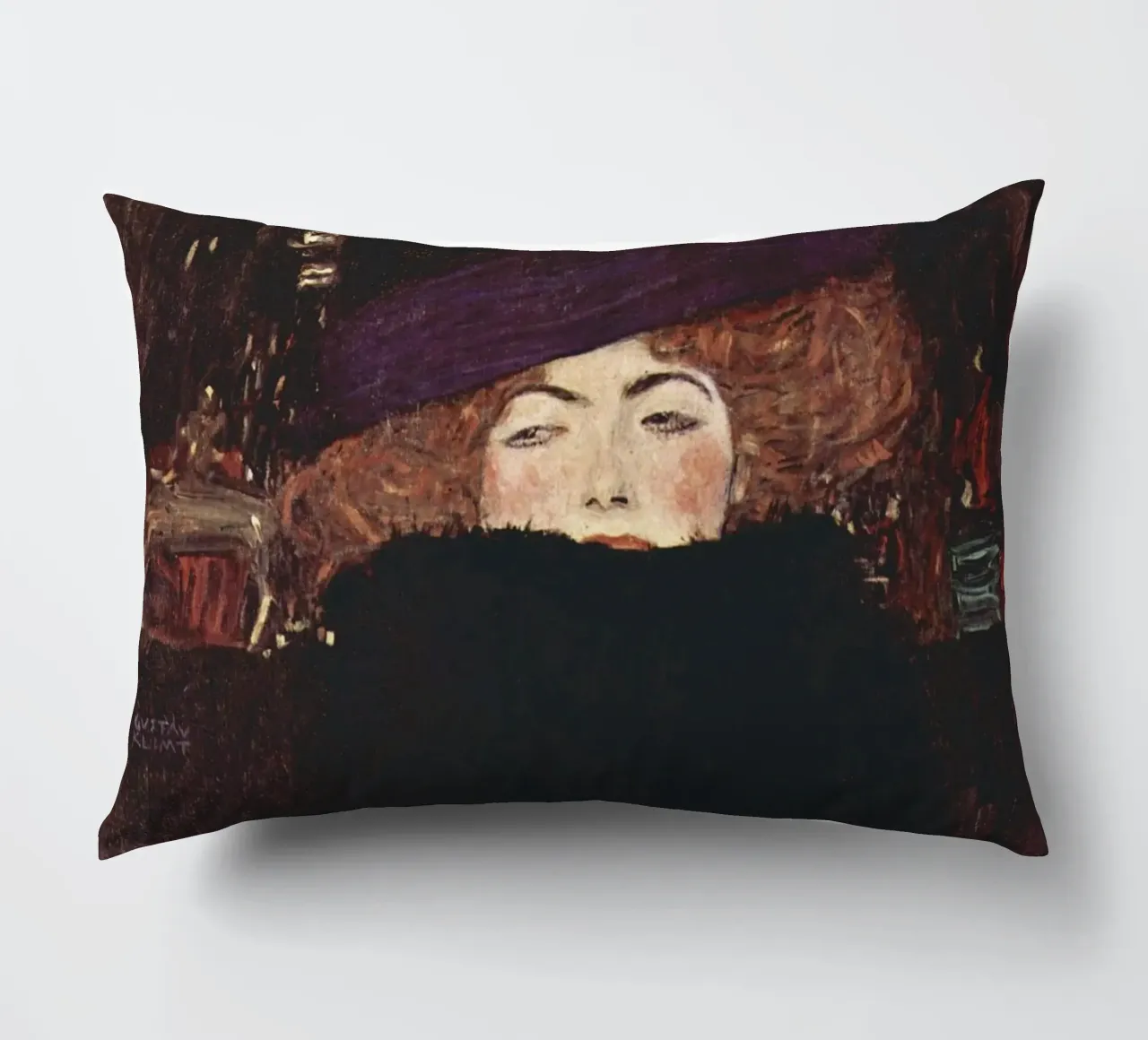 Dama con cappello e boa di piume di Gustav Klimt (1909) cuscino da Venus Art