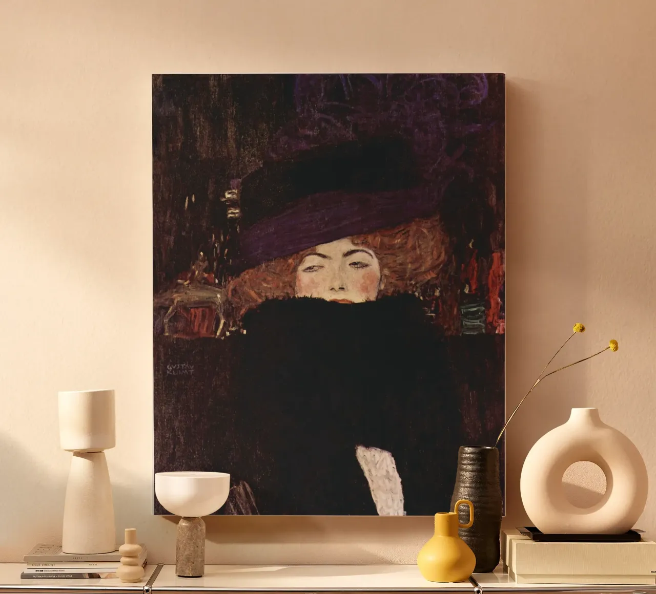Dama con cappello e boa di piume di Gustav Klimt (1909) tela da Venus Art