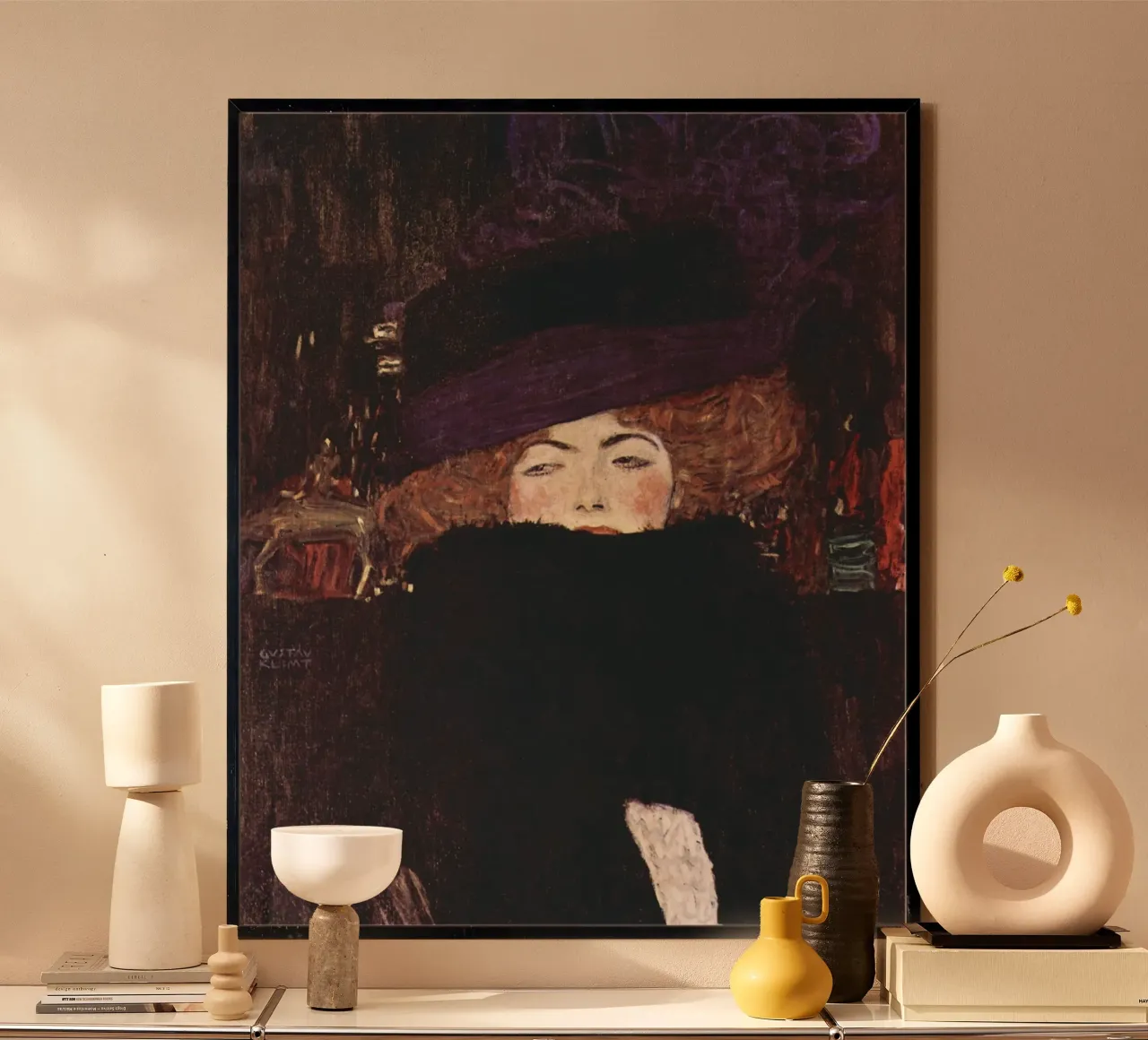 Dama con cappello e boa di piume di Gustav Klimt (1909) carta hahnemühle da Venus Art