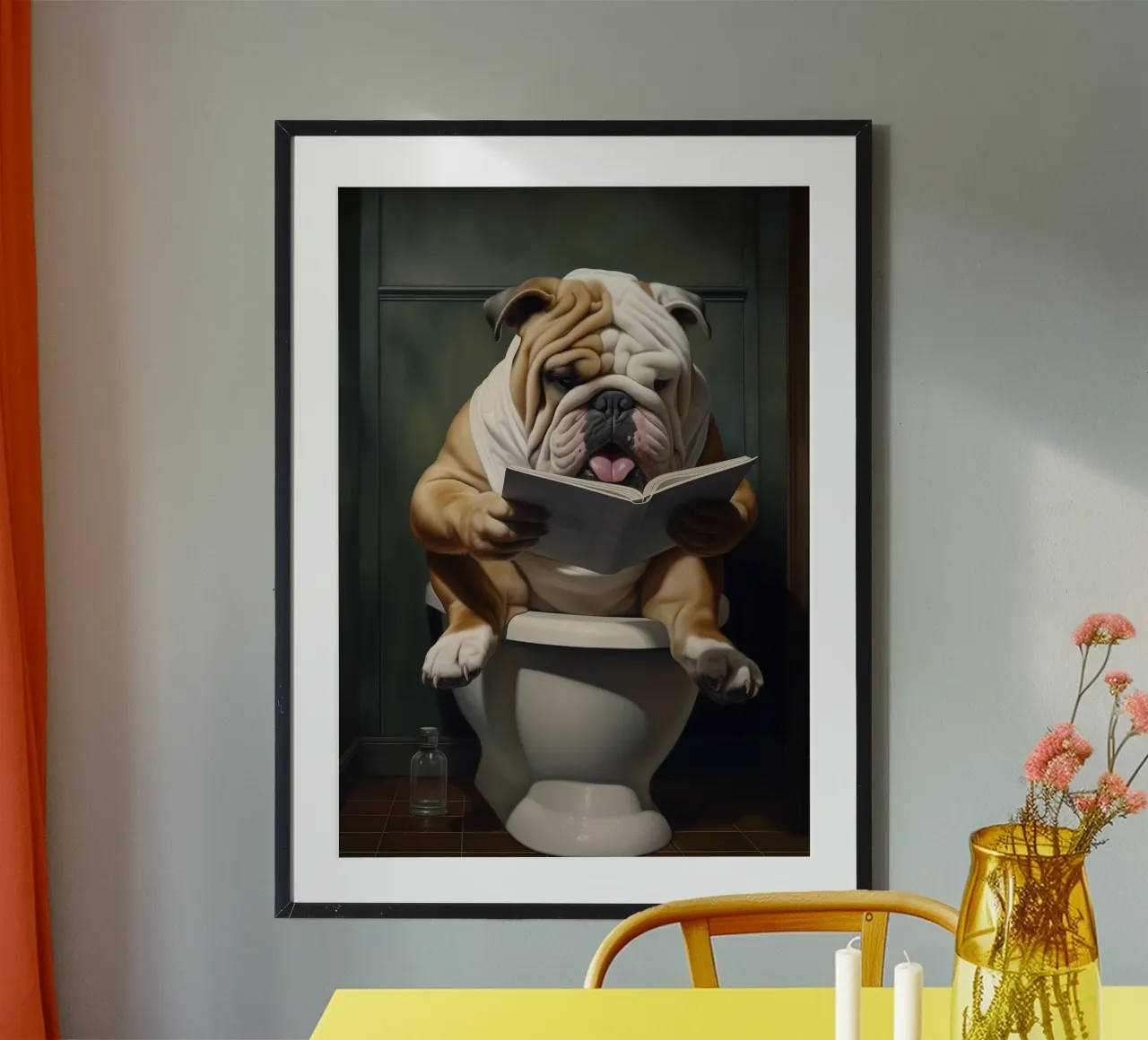 Bulldog leyendo un libro en el retrete poster con marco de plástico de Fleur de Lys