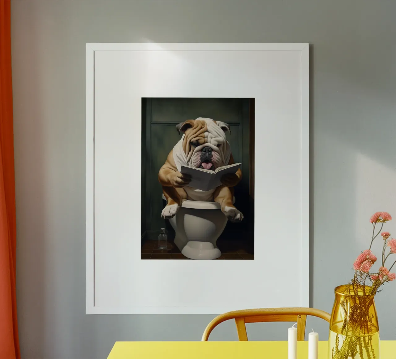 Bulldog leyendo un libro en el retrete poster con marco de plástico de Fleur de Lys