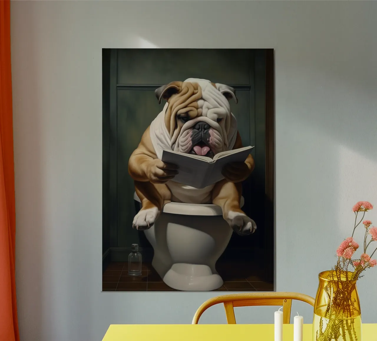 Bulldog leyendo un libro en el retrete poster con marco de plástico de Fleur de Lys