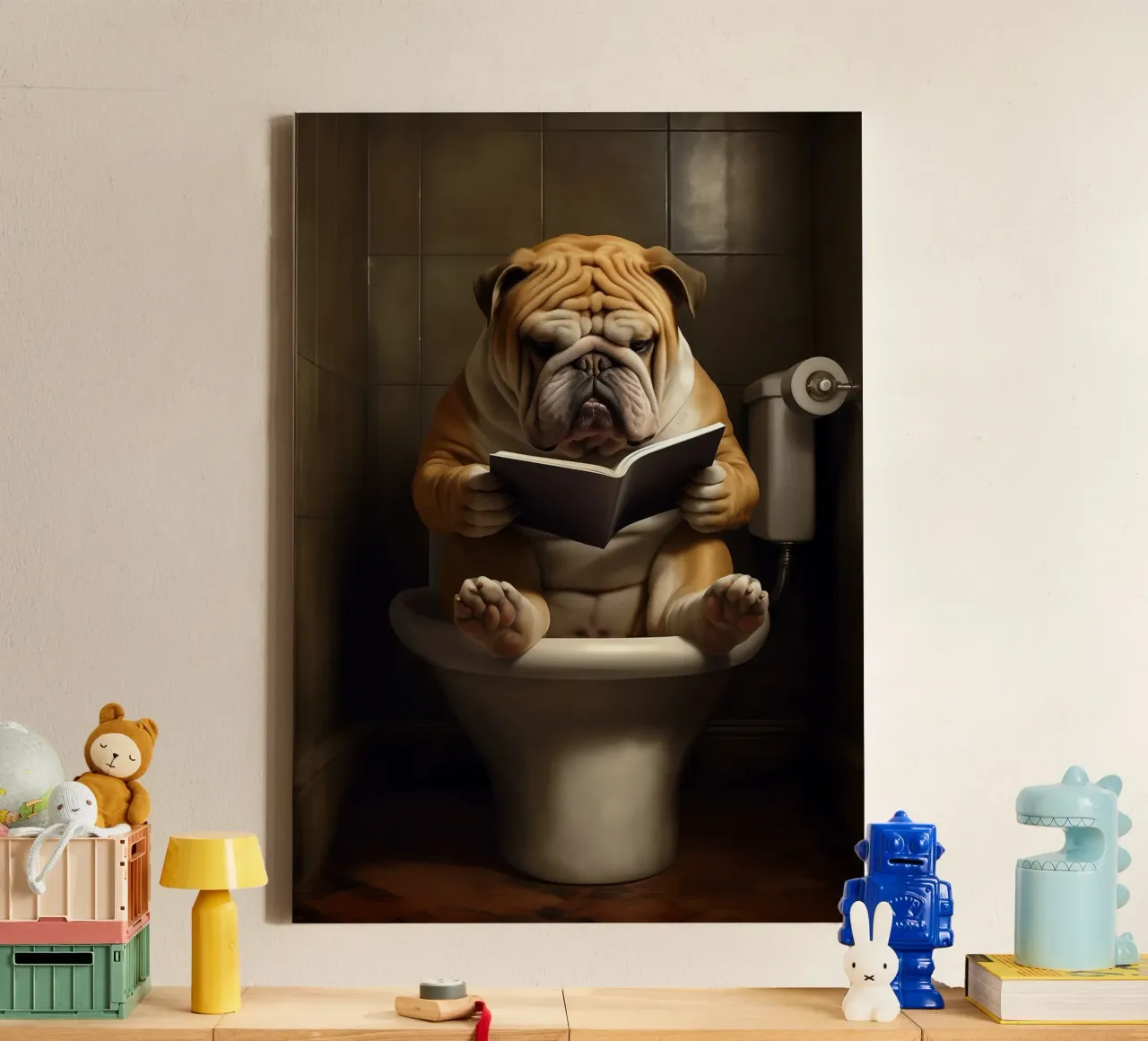 Bulldog leyendo un libro en el retrete lienzo con Marco flotante de Fleur de Lys