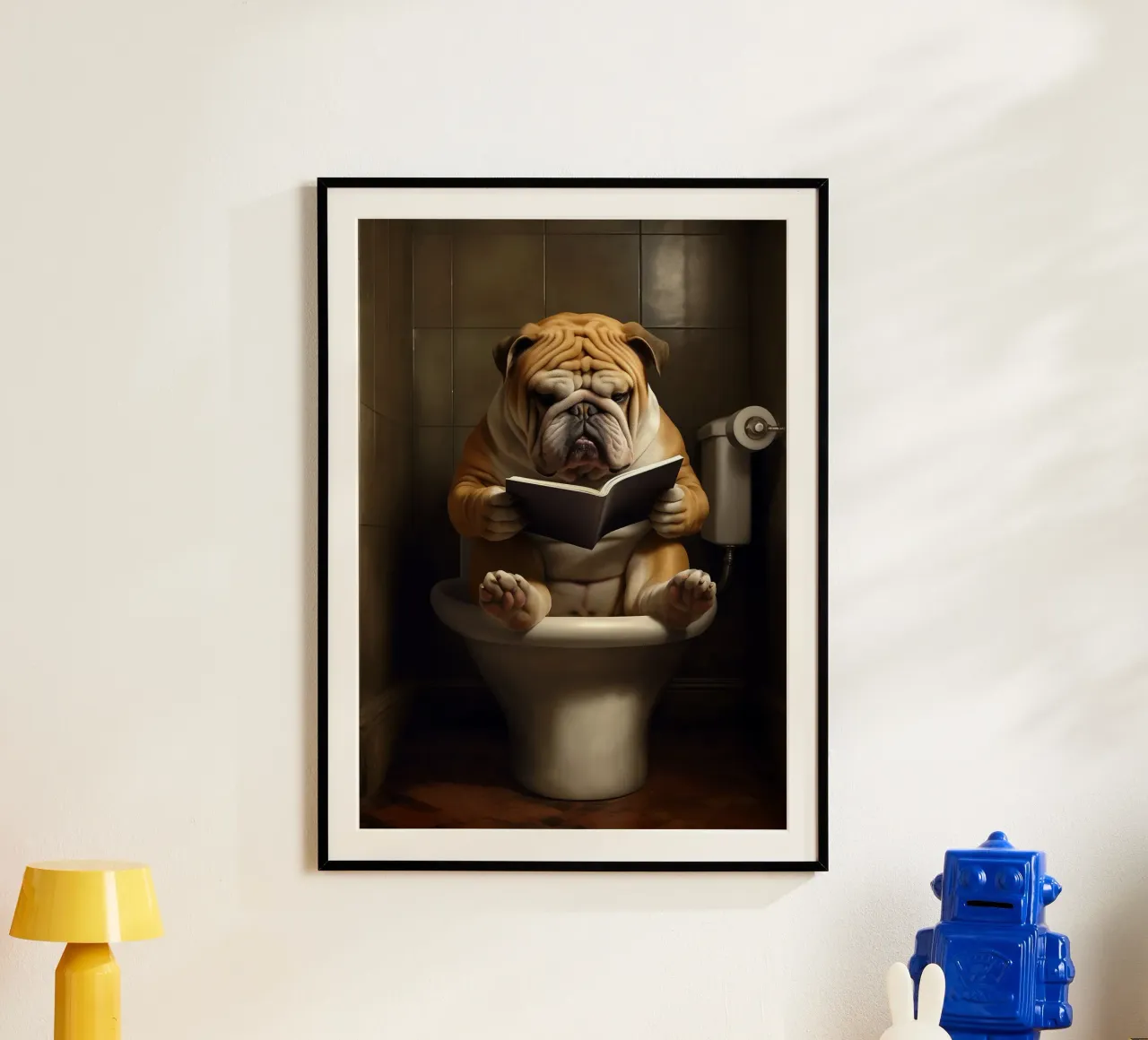 Bulldog leyendo un libro en el retrete poster con marco de madera de Fleur de Lys