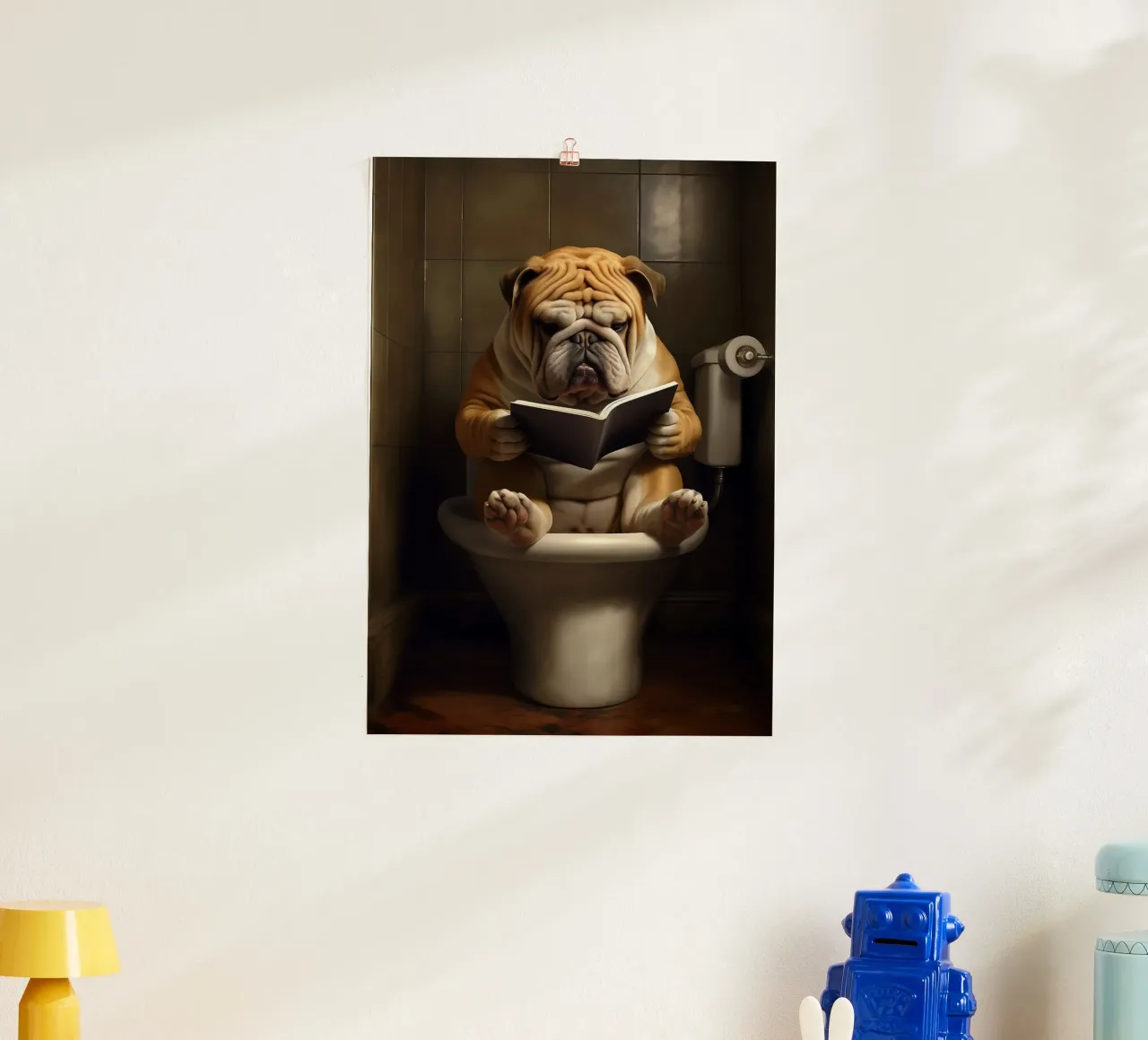 Bulldog leyendo un libro en el retrete poster con marco de madera de Fleur de Lys