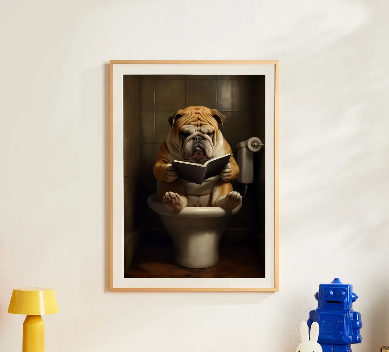 Bulldog leyendo un libro en el retrete poster con marco de madera de Fleur de Lys