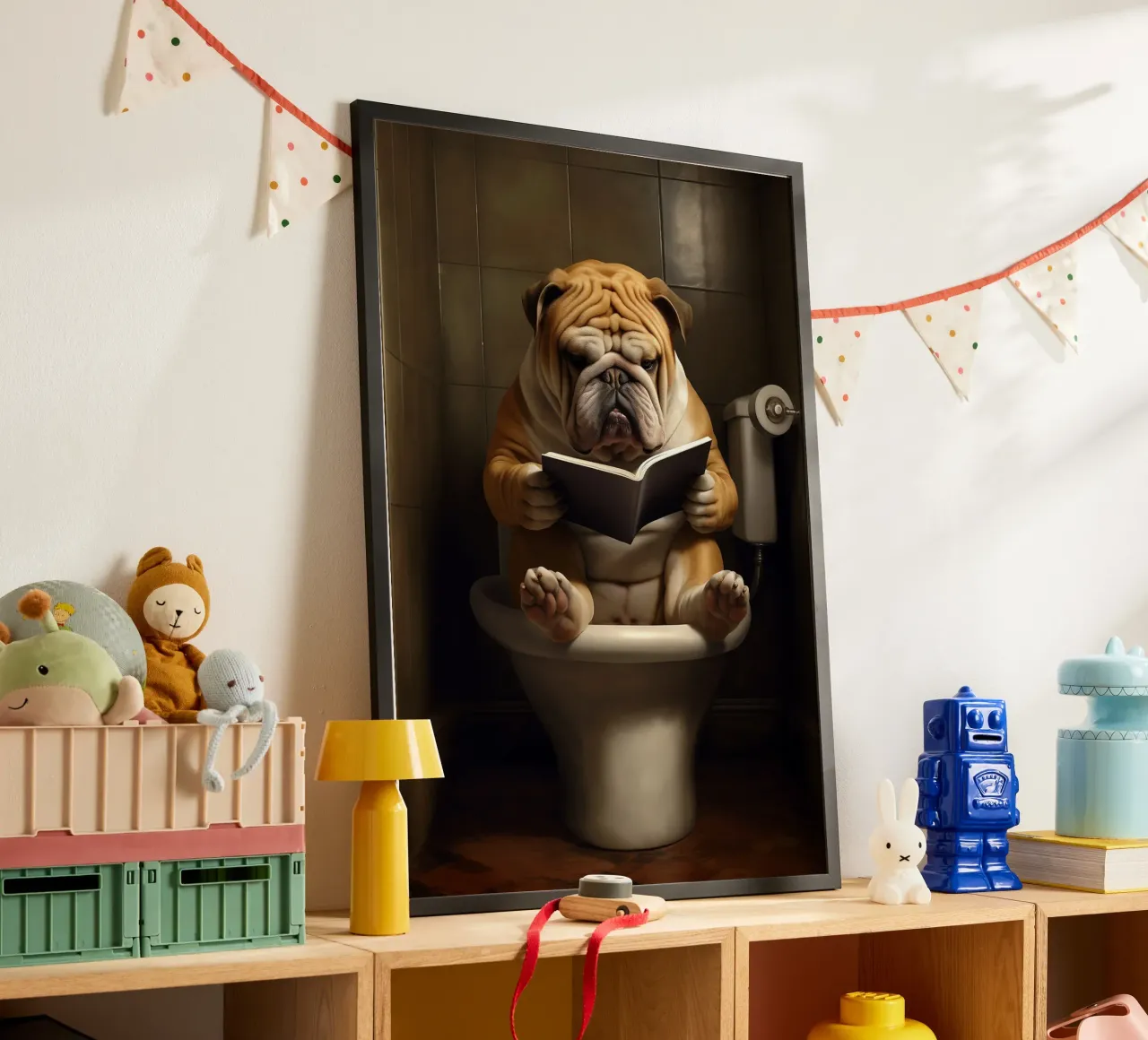 Bulldog leyendo un libro en el retrete poster con marco de madera de Fleur de Lys